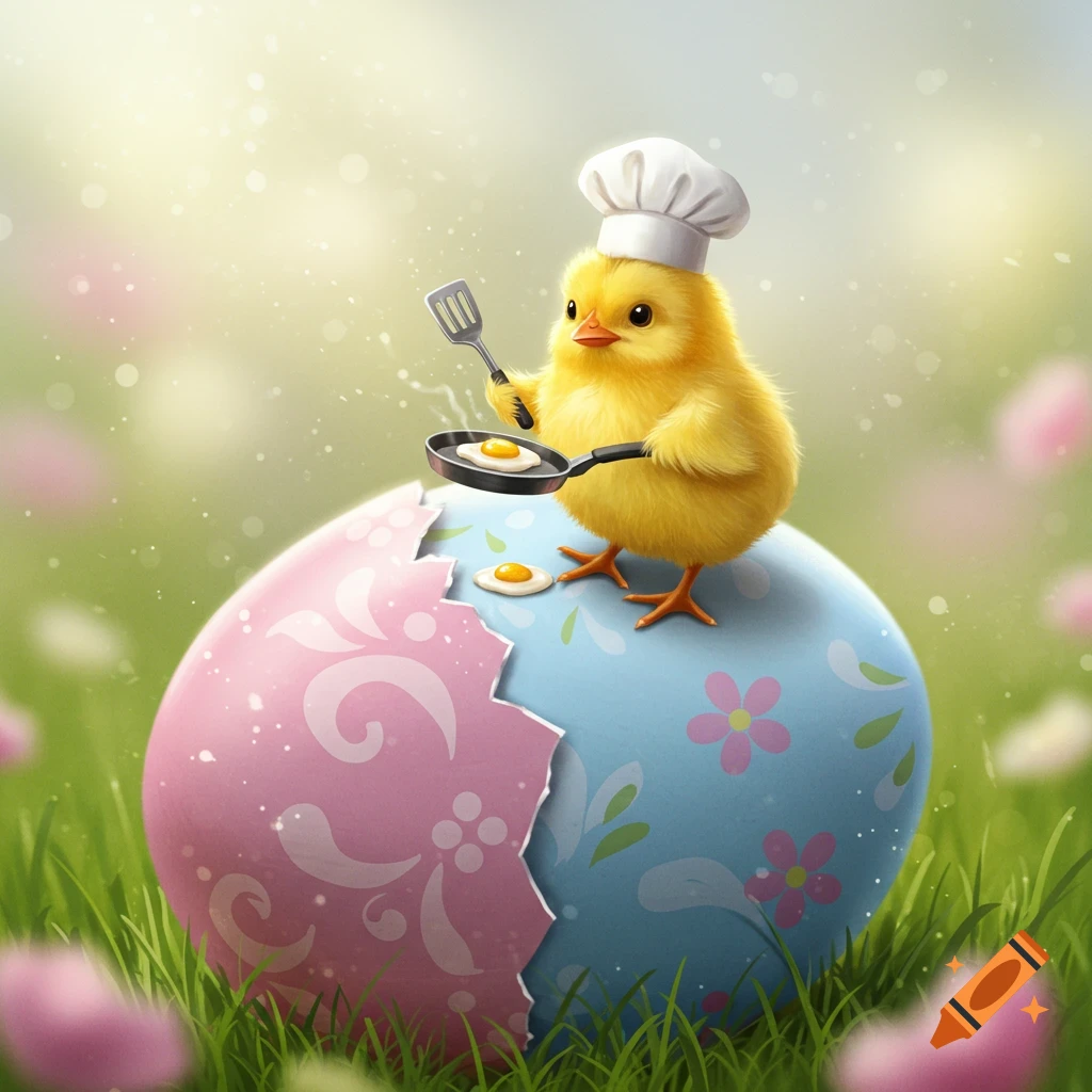 A cute yellow chick wearing a chef hat cooks fried eggs on a cracked pink and blue Easter egg in a sunny grassy field.