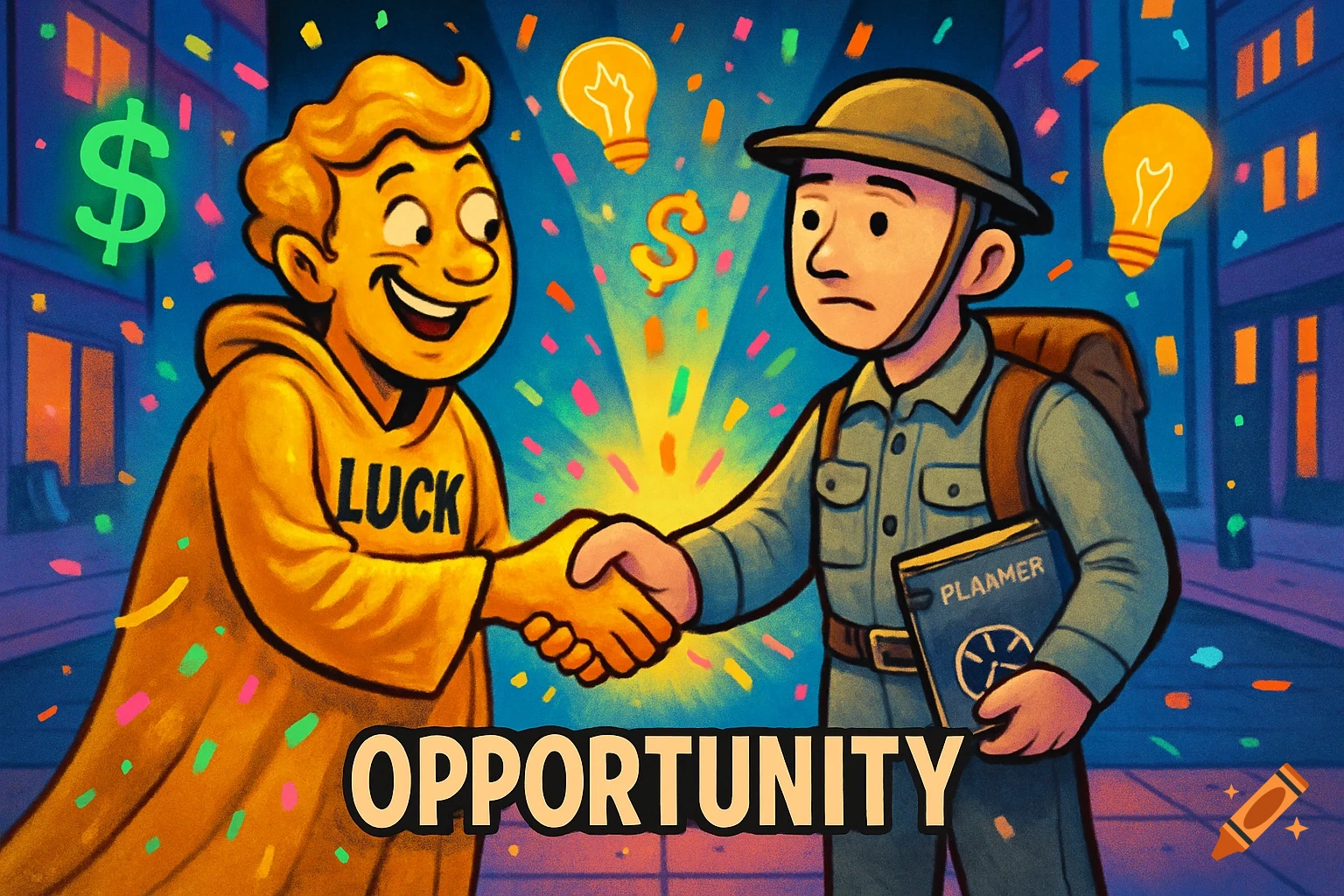 Cartoon of a happy man labeled 'LUCK' shaking hands with a serious man holding a 'PLAAMER' book. Confetti, dollar signs, and lightbulbs surround them. 'OPPORTUNITY' is at the bottom.