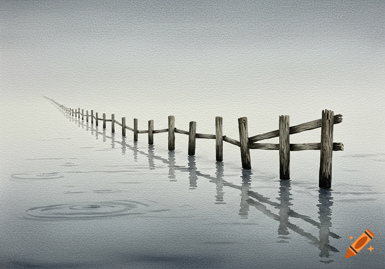 A watercolor painting of an old wooden fence extending into misty grey water with ripples.
