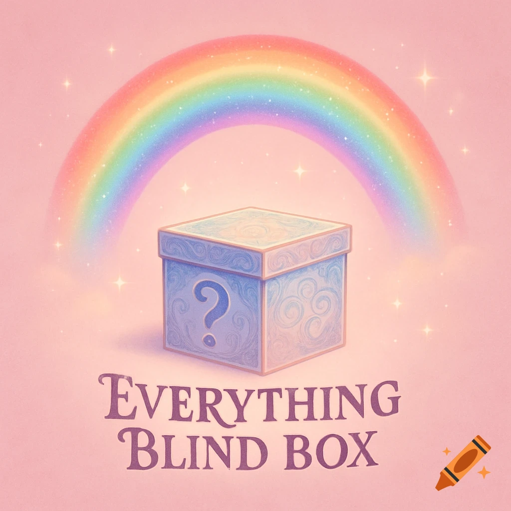 An illustration of a light blue mystery blind box with a question mark, under a pastel rainbow on a sparkling pink background, with 'EVERYTHING BLIND BOX' text.