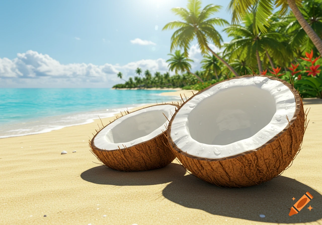 Two halves of a coconut lie on a sandy beach with palm trees and turquoise ocean under a bright sky.