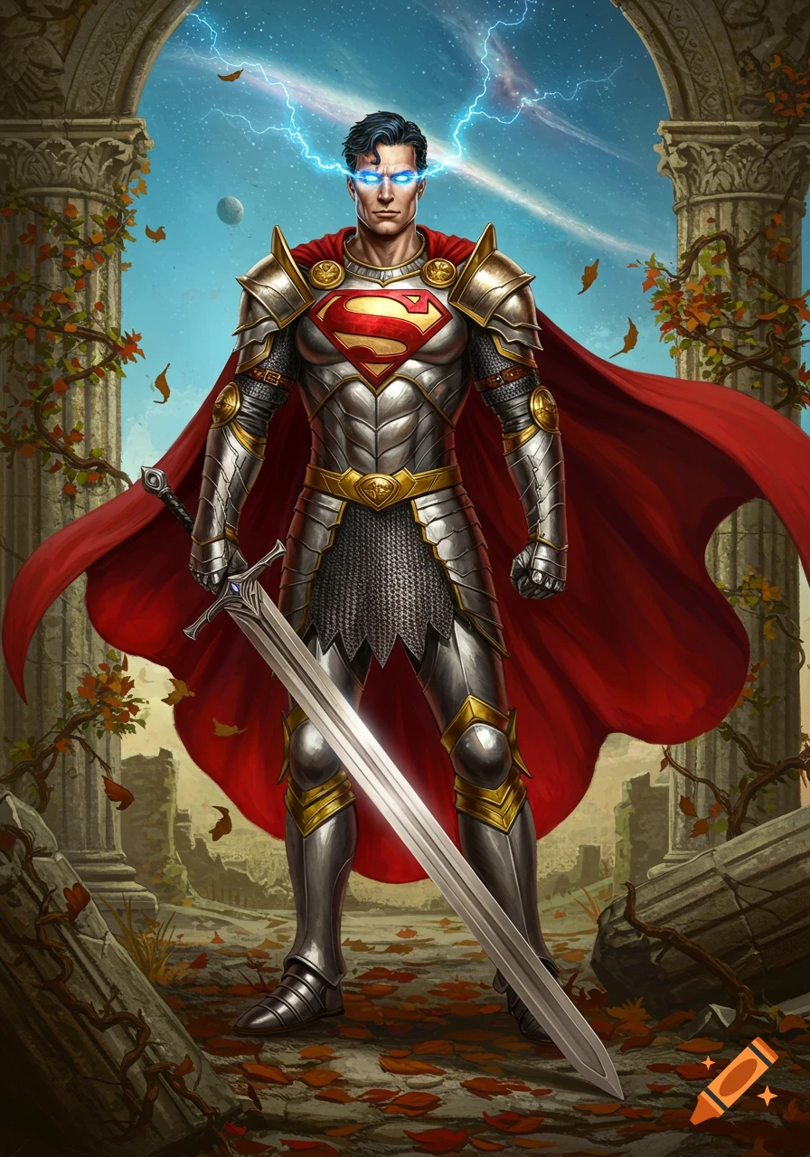 Superman in shining knight armor with a red cape, glowing blue eyes, and lightning, holding a large sword amidst ancient ruins.