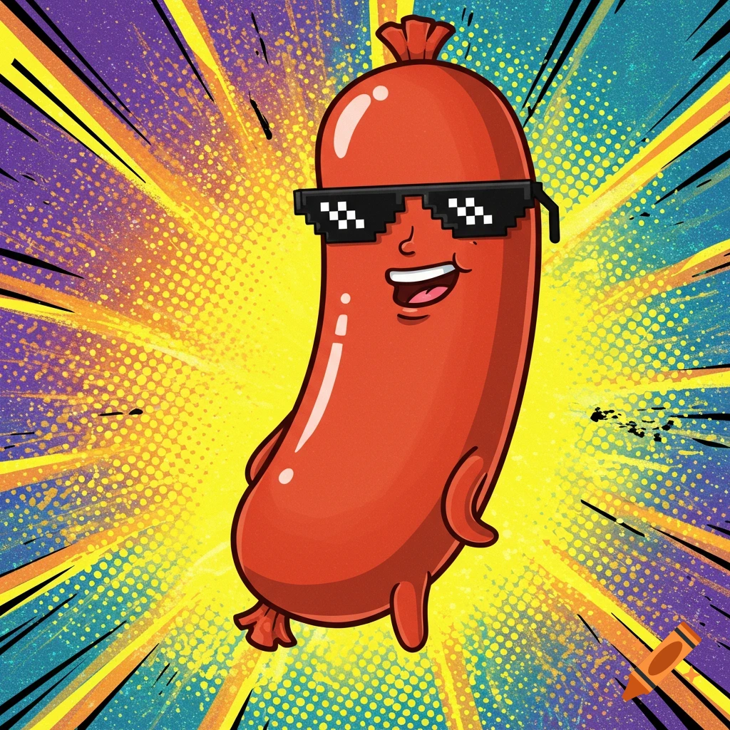 A smiling cartoon sausage wearing pixelated meme sunglasses against a vibrant comic book explosion background.