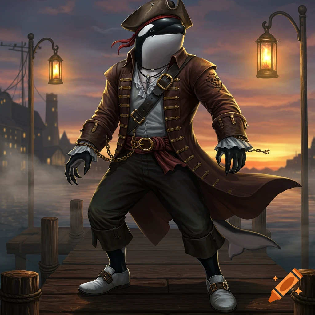 An anthropomorphic killer whale pirate stands on a wooden dock at dusk, illuminated by lanterns.