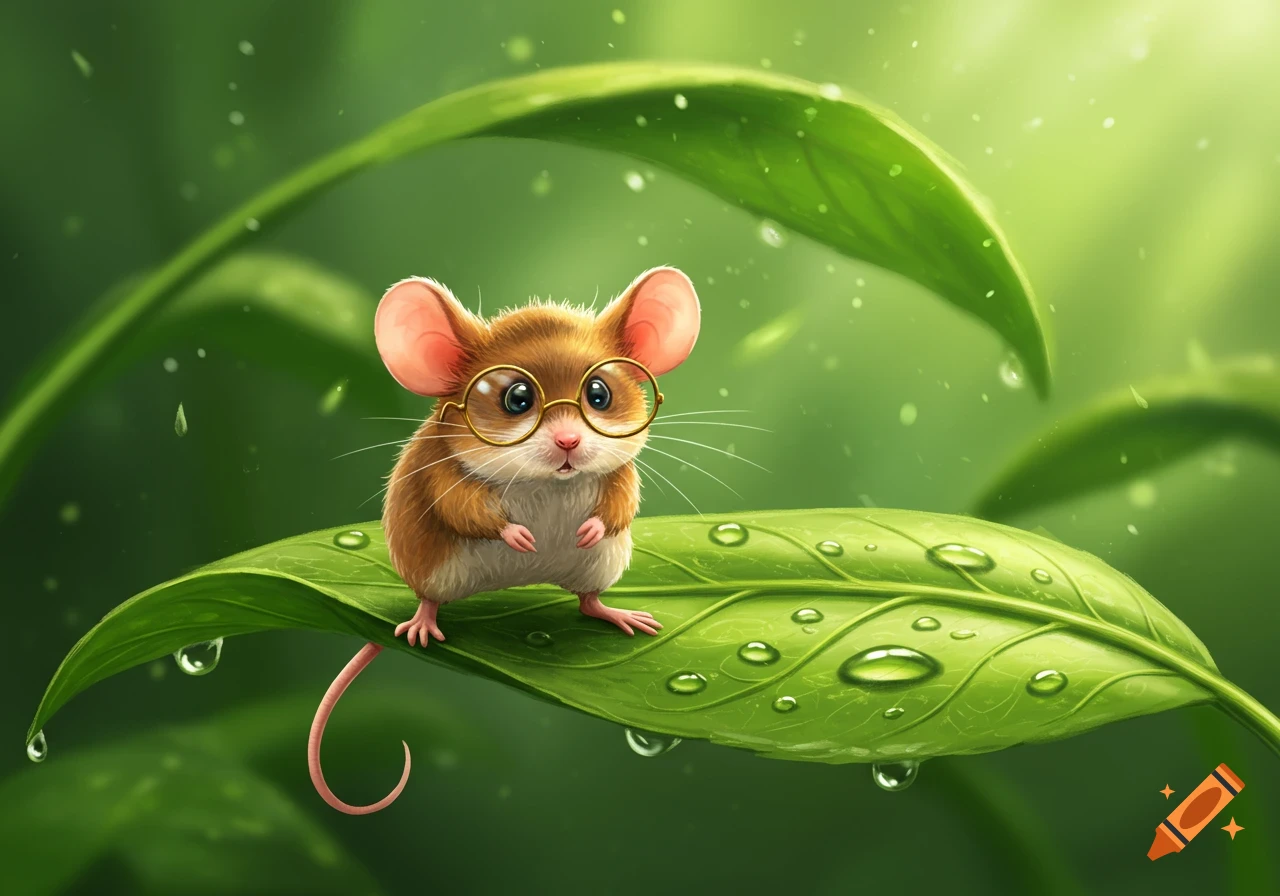 Cute cartoon mouse with round glasses sitting on a green leaf with water droplets.