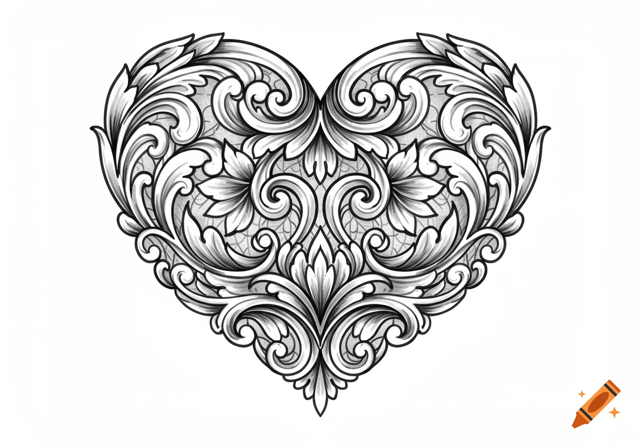 A detailed black-and-white heart-shaped ornamental tattoo design featuring intricate swirling floral patterns and filigree.