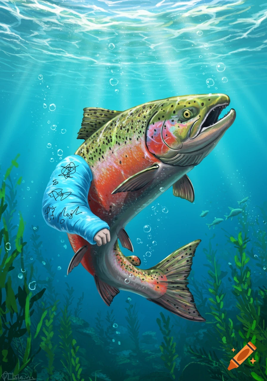 A colorful salmon swimming underwater with a blue cast on its broken arm, featuring illegible scribbles.