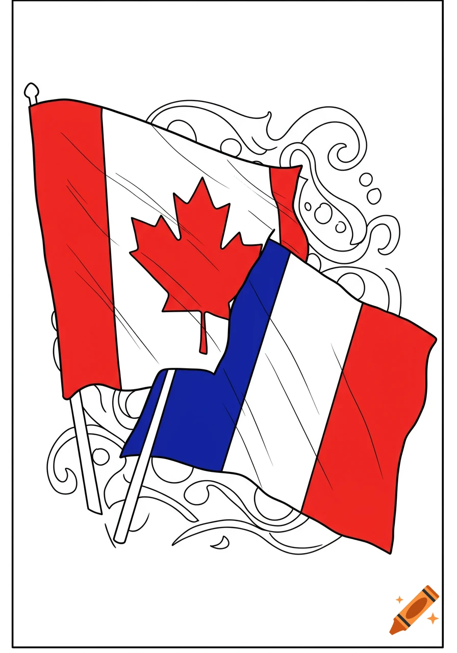Coloring page illustration of waving Canadian and French flags with black outlines and some color.