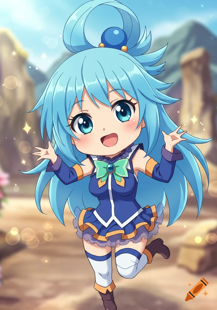 Cute chibi anime girl with light blue hair and big blue eyes, wearing a blue and white dress, smiling with hands up in a bright, stylized outdoor scene.