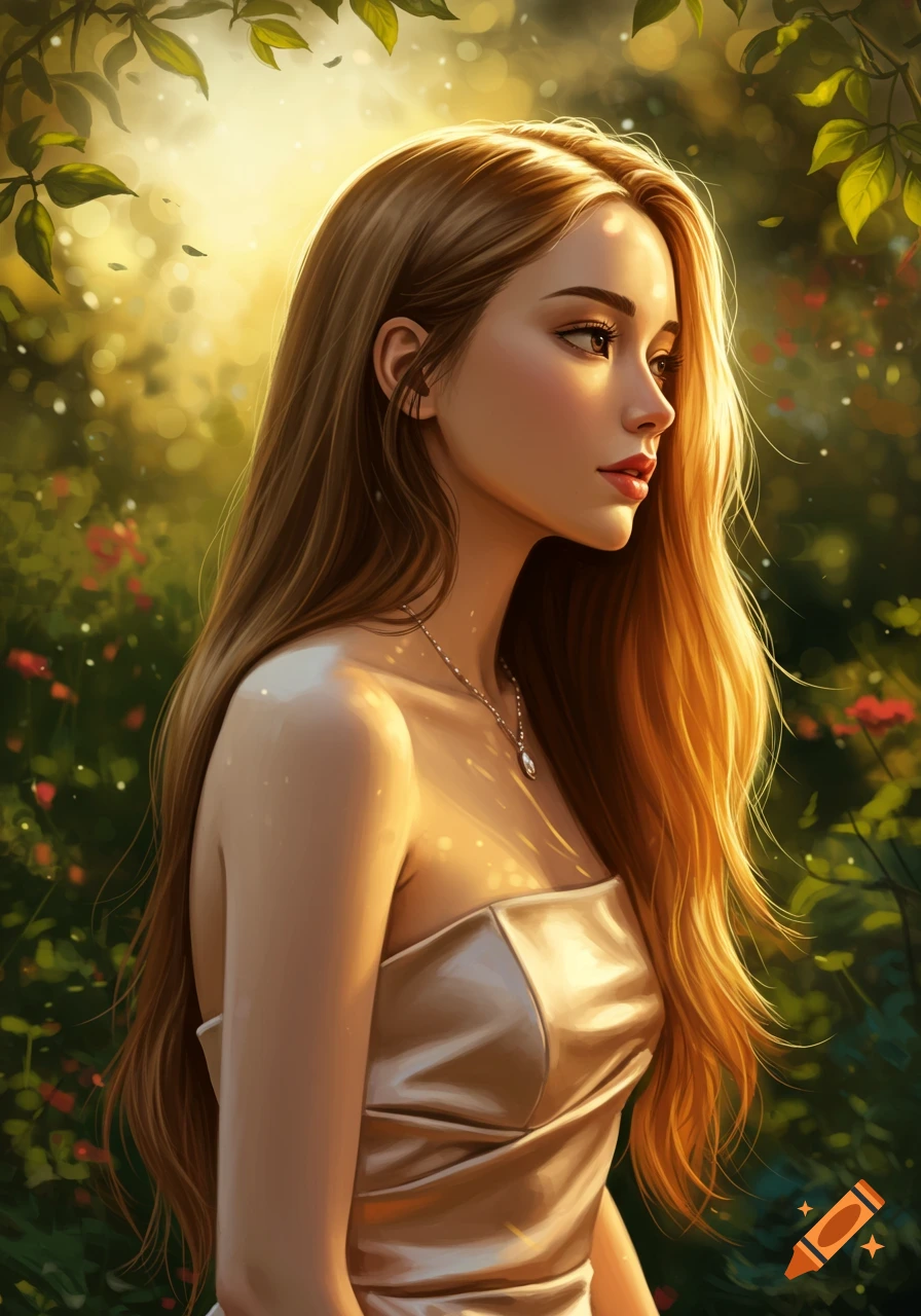 A beautiful young woman with long blonde hair in a strapless dress looks to the right in a sunny, green, flowery garden.