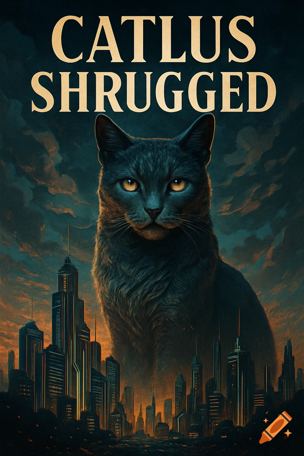 A giant dark cat with glowing eyes looms over a stylized city at dusk. Text reads 'CATLUS SHRUGGED'.