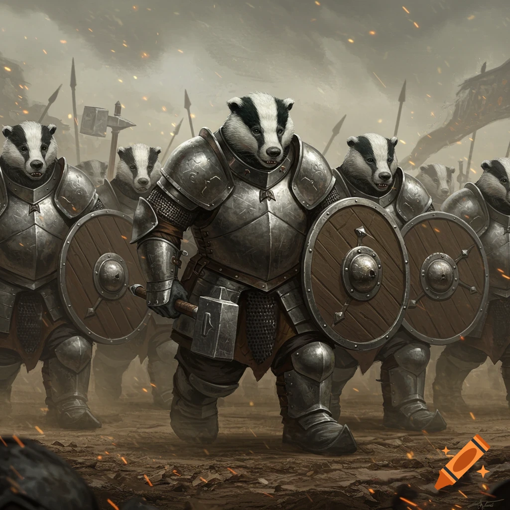 An army of anthropomorphic badger-dwarves in heavy plate armor, wielding warhammers and shields, march on a dusty fantasy battlefield.