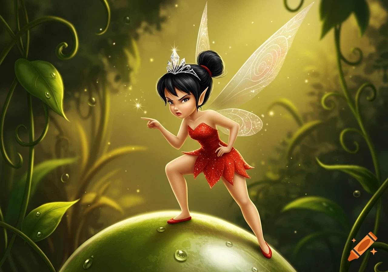 Annoyed black-haired Tinker Bell in a red dress and silver tiara, pointing, stands on a dewy leaf in a magical forest.
