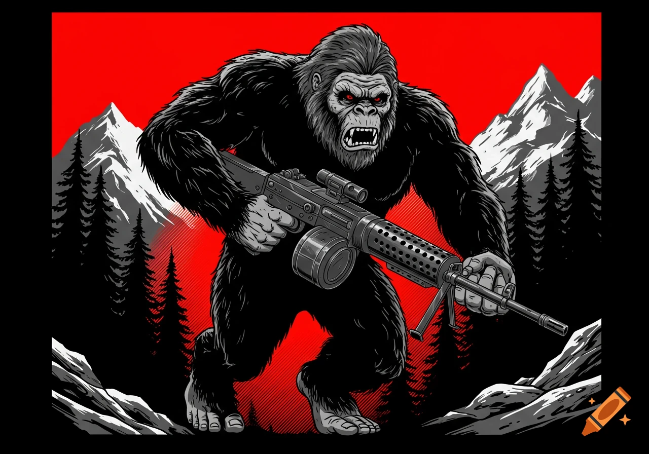 Graphic art of an angry Bigfoot with red eyes holding an M60 machine gun, charging through a forest with mountains under a red sky.