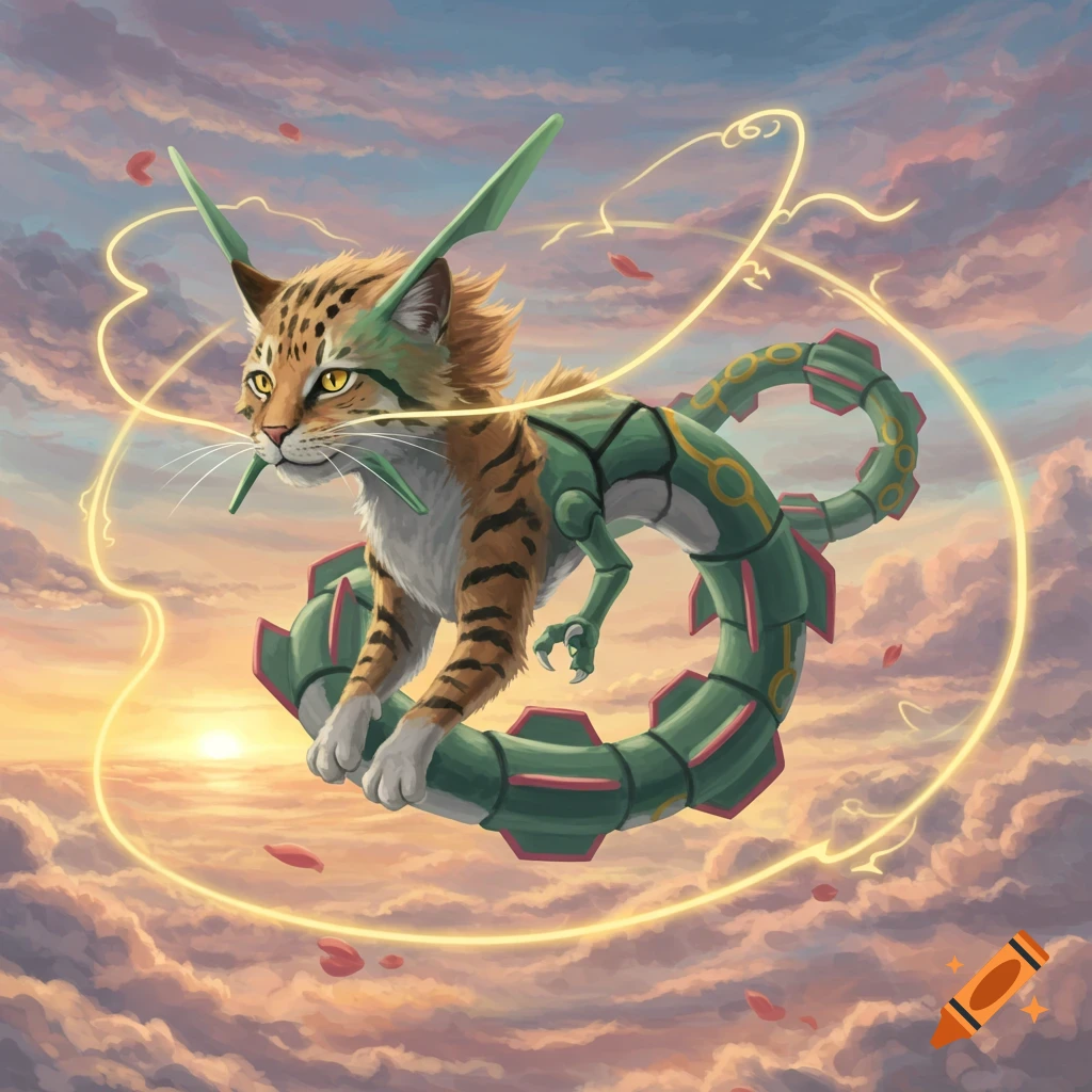A cat-like creature with Rayquaza's serpentine body flies through a cloudy sunset sky, encircled by golden energy.