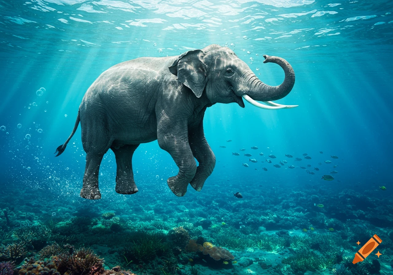 Photorealistic elephant swimming underwater with sunlight and fish over a coral reef.