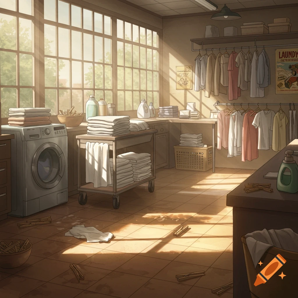 An illustrated sunny laundry room with a washing machine, stacks of towels, hanging clothes, and scattered clothespins.