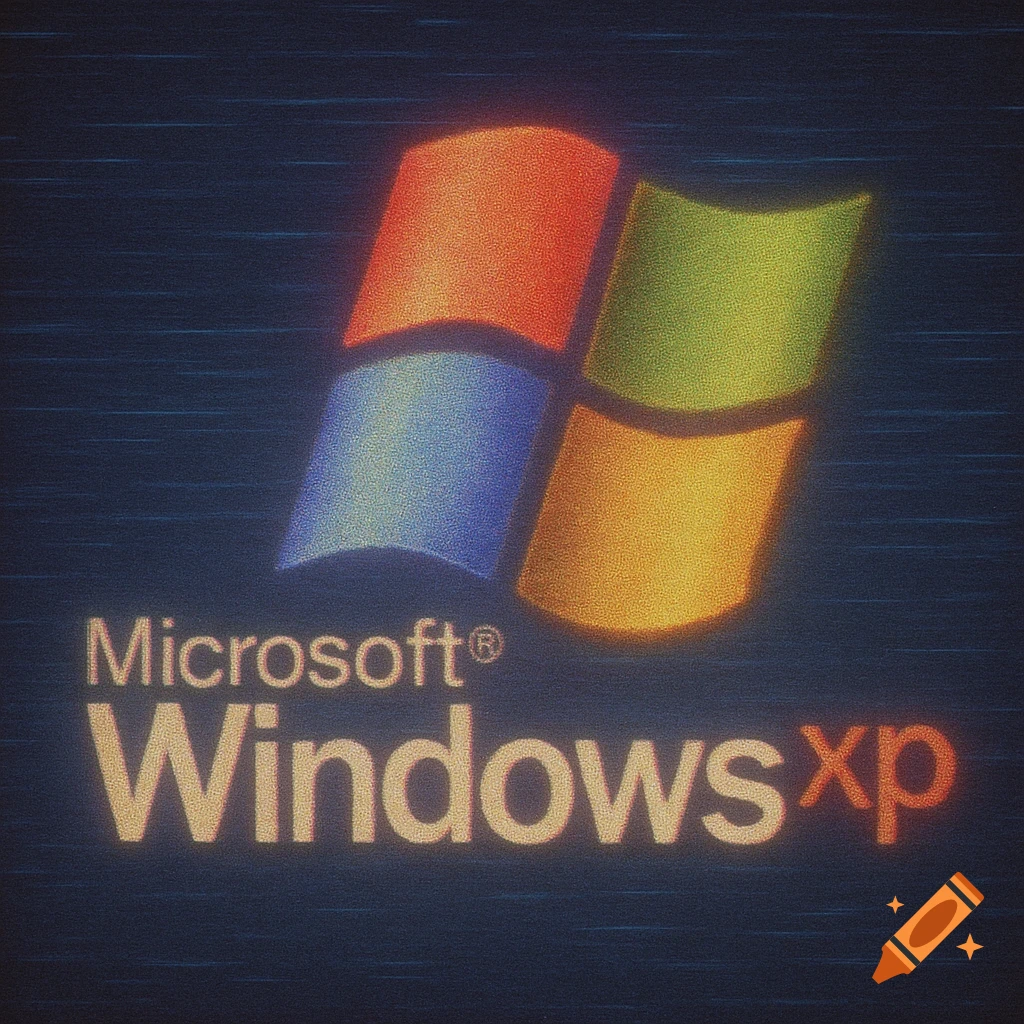 Vintage VHS style Microsoft Windows XP logo on a dark, grainy background.