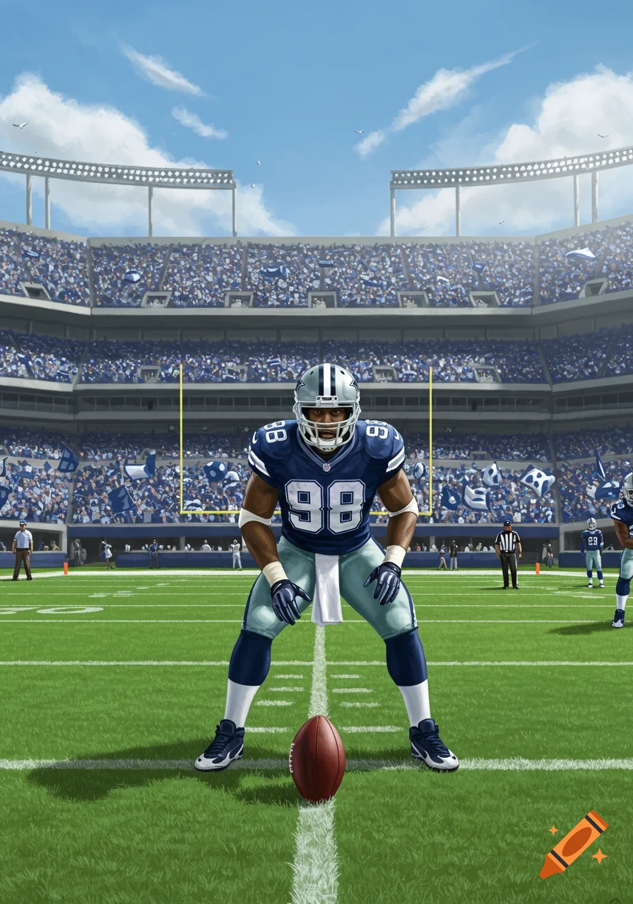 An illustrated Dallas Cowboys football player in a blue and white uniform with number 98, crouched in a ready stance on a stadium field.
