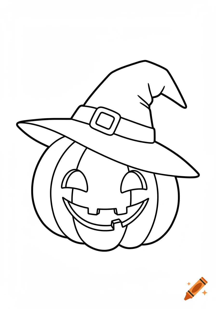 Black and white outline of a smiling jack-o'-lantern wearing a witch hat in cartoon style.