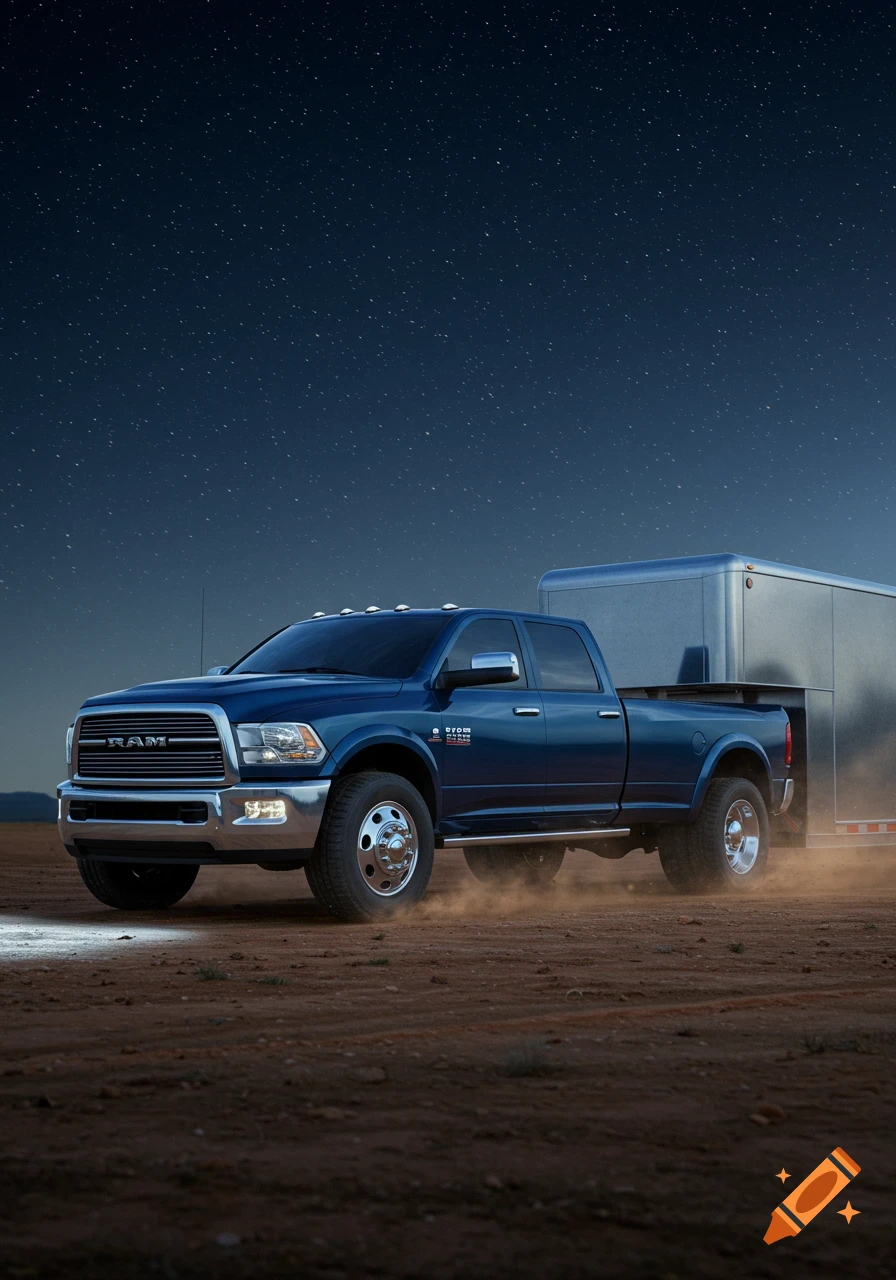 A blue dually pickup truck with a gooseneck trailer kicks up dust on a dirt road under a starry night sky.