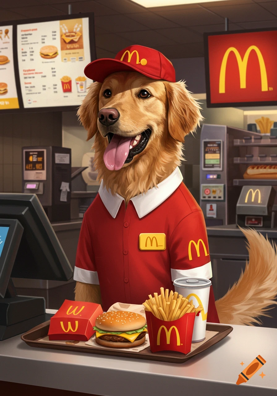 A Golden Retriever wearing a McDonald's uniform and cap stands behind a counter with a tray of a burger, fries, and drink. The dog is smiling with its tongue out.