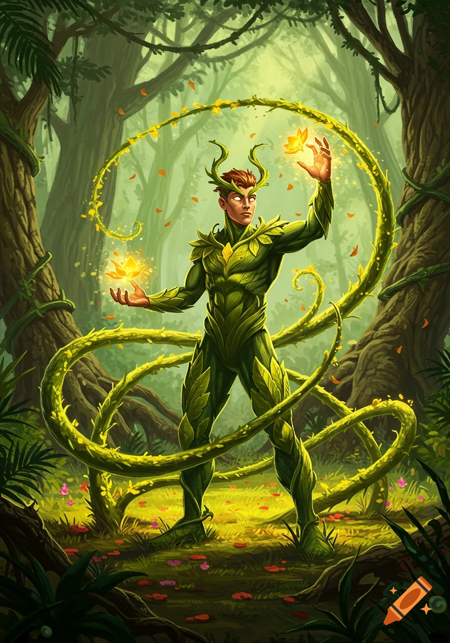 A male plant-themed superhero in a leafy green suit with glowing eyes stands in a vibrant forest, summoning glowing yellow plant energy and surrounded by thorny vines.