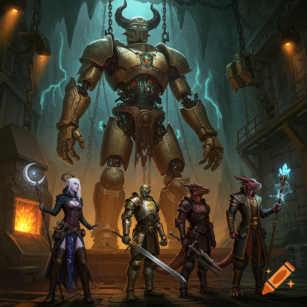 Four fantasy adventurers stand in an underground workshop, looking up at a colossal, horned, disassembled brass robot suspended by chains.