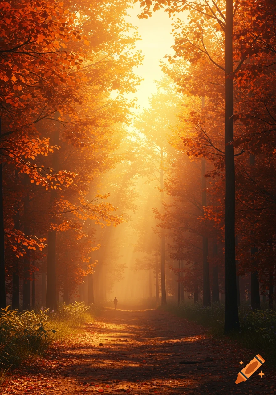 A photorealistic image of a sun-drenched autumn forest path with vibrant orange and red leaves and a distant figure.
