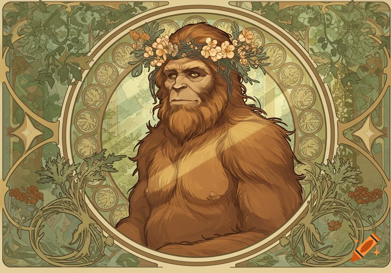 A stylized Art Nouveau portrait of a Sasquatch wearing a flower crown, framed by intricate floral patterns and leaves.
