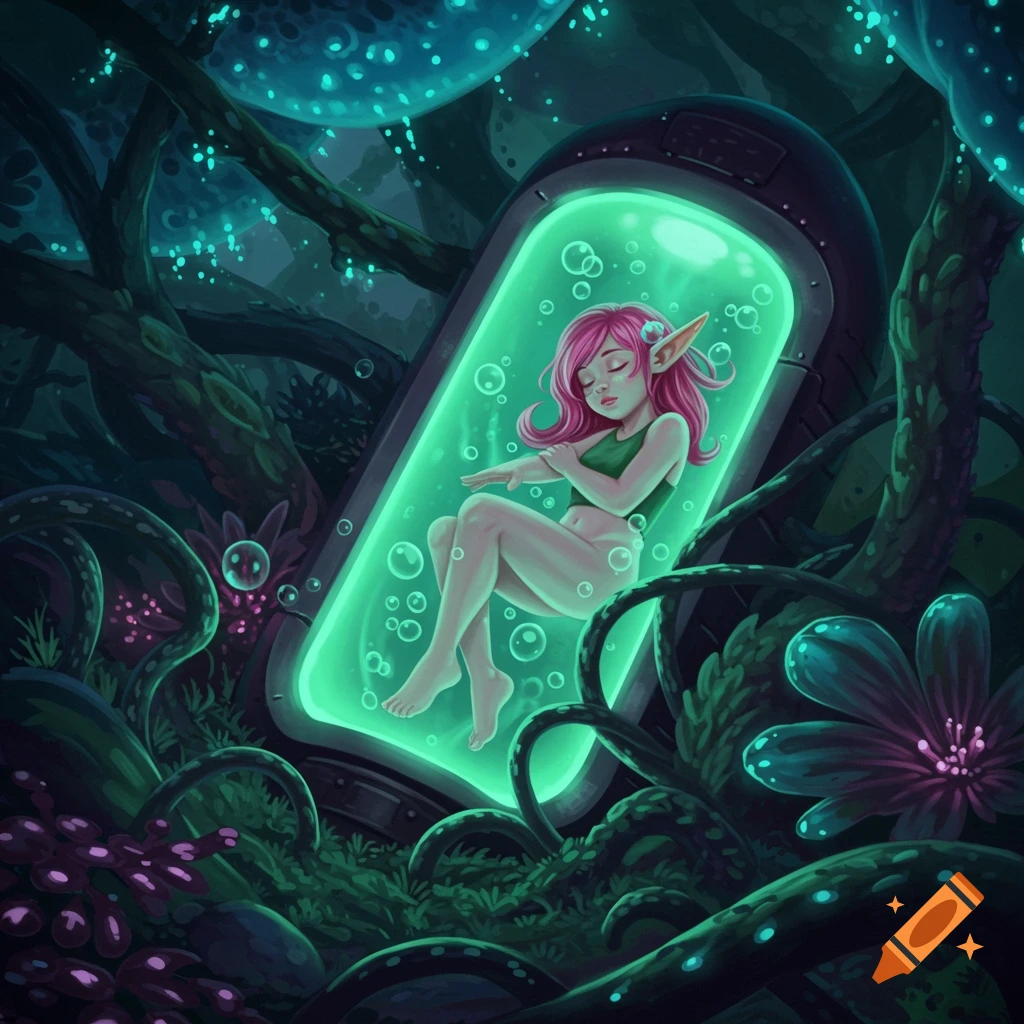 Illustrated fantasy art of a pink-haired elven woman sleeping in a glowing green cryopod surrounded by dark alien plants.