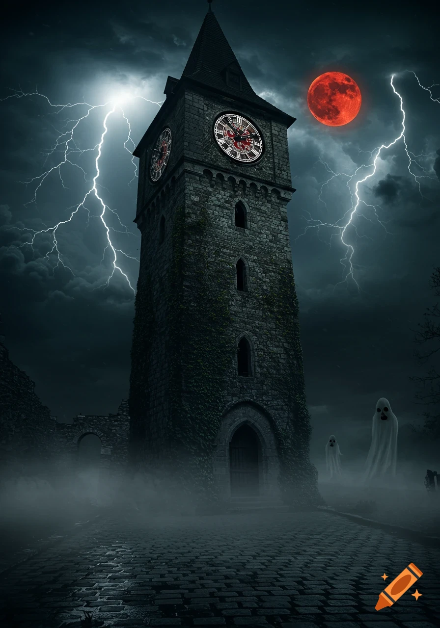 A spooky gothic clock tower under a stormy night sky with lightning, a blood-red moon, and ghostly figures shrouded in mist. Photorealistic style.
