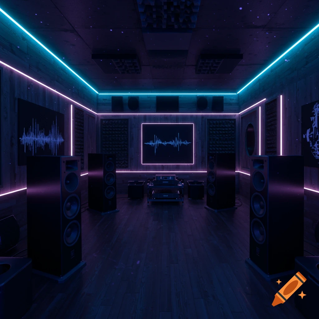 A modern speaker room with multiple large speakers, audio equipment, and neon lights in blue and pink hues along the walls and on screens displaying sound waves.