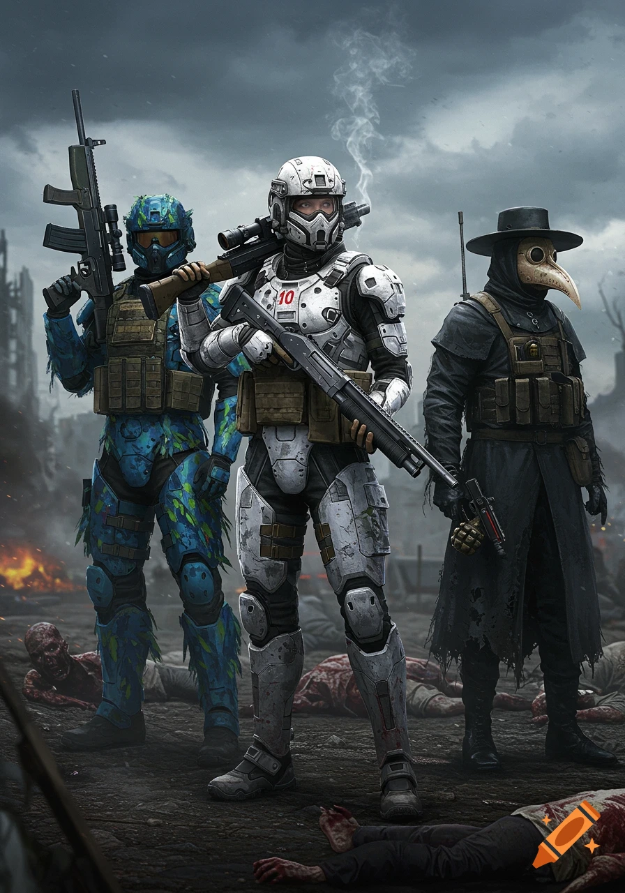 Three armed figures, a woman in white armor, a man in blue-green armor, and a plague doctor, stand over dead zombies in a gritty post-apocalyptic scene.