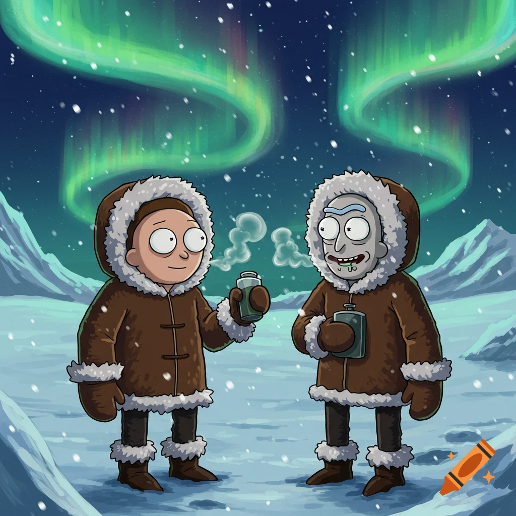 Rick and Morty wearing brown fur-lined winter coats in a snowy arctic landscape under the aurora borealis, holding flasks.