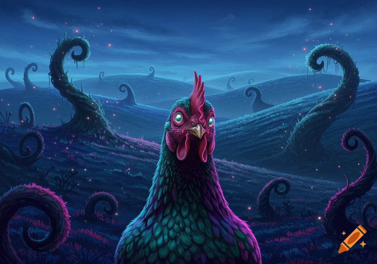 An uncanny chicken with glowing eyes and teal/purple feathers stands in a surreal dark blue landscape with twisted, glowing plants under a night sky.