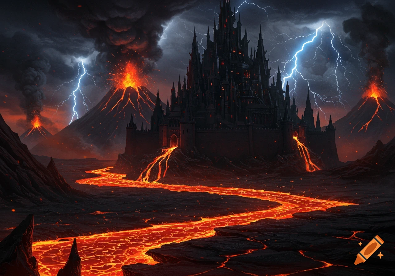 A dark fantasy landscape featuring a black castle, erupting volcanoes, a molten lava river, and lightning in the stormy sky.