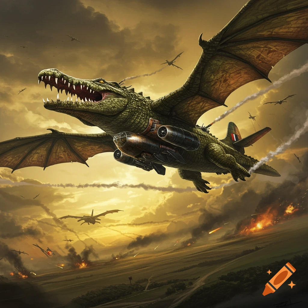 Fantasy illustration of a giant winged crocodile bomber with jet engines flying over a fiery battlefield.