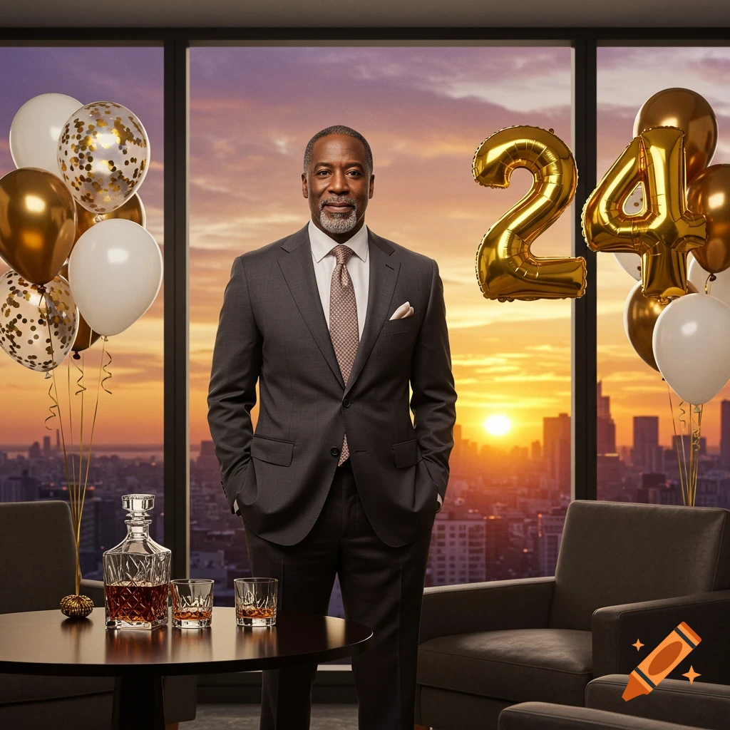 A distinguished man in a suit stands in an office with a city sunset view, flanked by golden '24' and white/gold balloons, with a decanter on a table.