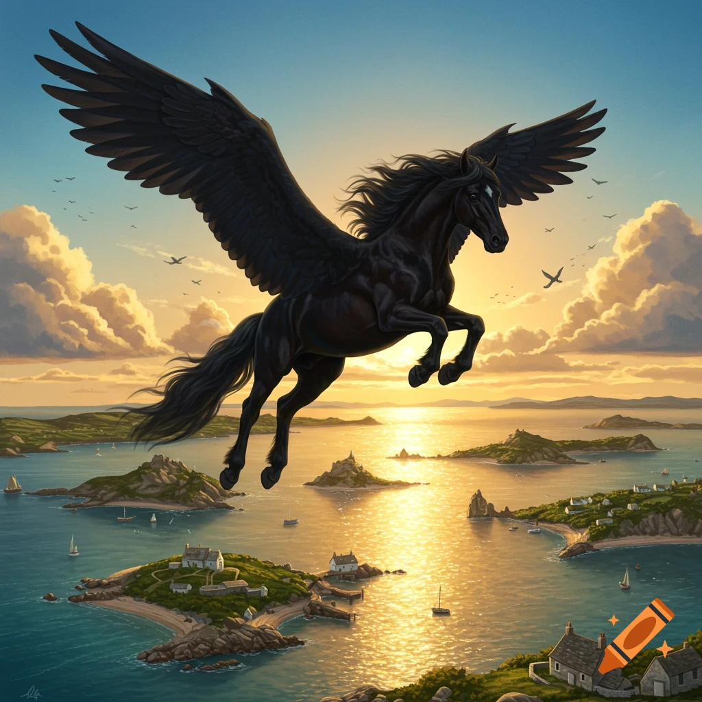 A majestic black winged horse soars over sunlit coastal islands with calm blue waters and scattered white houses at sunset.