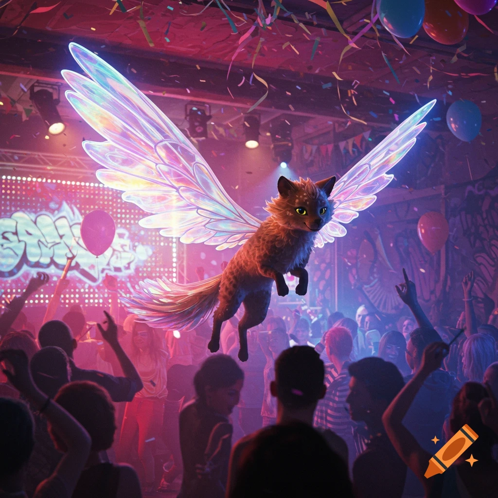 A fantastical winged cat with glowing eyes and iridescent wings floats above a crowded, brightly lit party with confetti and balloons.