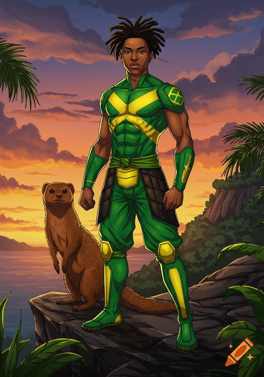 Young Black male superhero with dreadlocks in a green and yellow costume stands on a cliff with a brown mongoose at sunset.