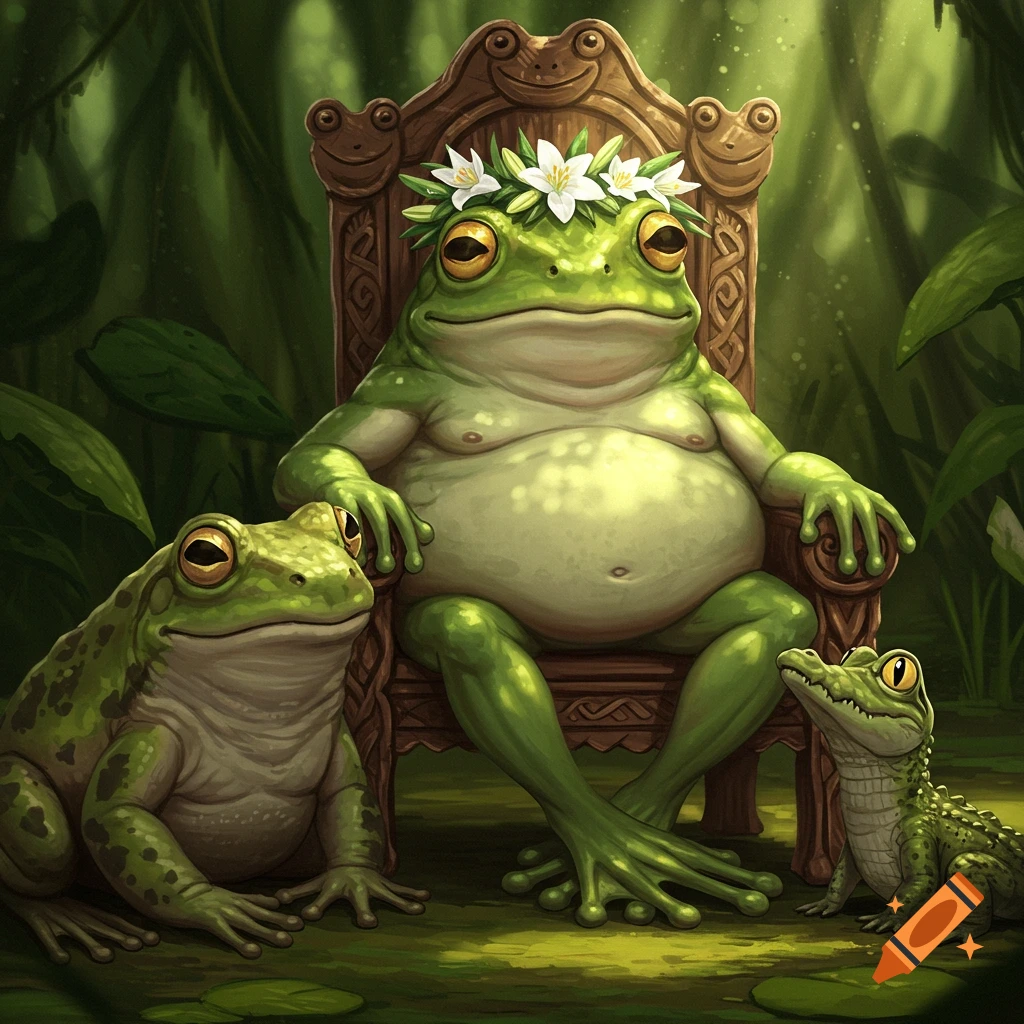 A regal frog king sits on a carved wooden throne, wearing a white lily crown, flanked by a smaller frog and a baby crocodile in a lush green forest.