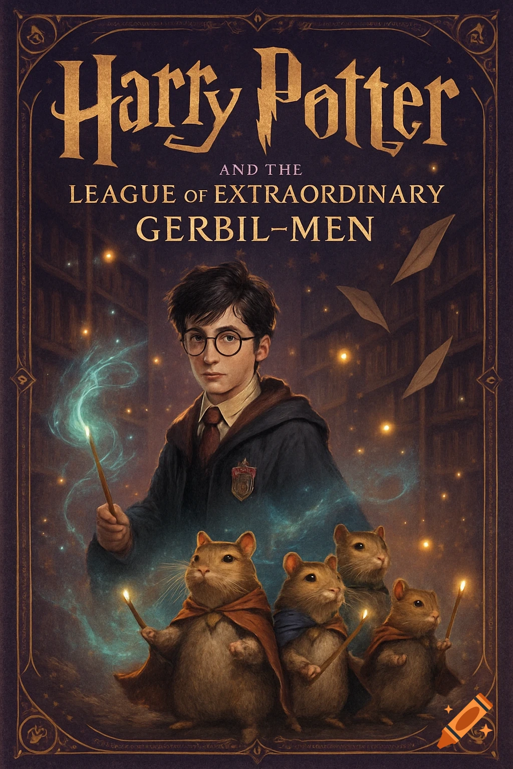 Illustrated book cover titled 'Harry Potter and the League of Extraordinary Gerbil-Men' featuring Harry Potter and three gerbils with wands in a magical library.
