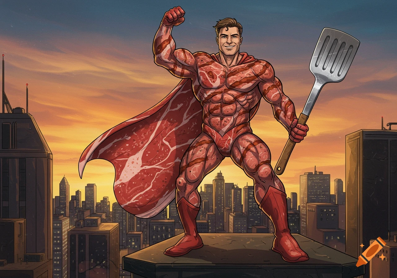 A muscular superhero made of raw meat and a meat cape, holding a spatula, poses on a skyscraper rooftop at sunset. Comic art style.