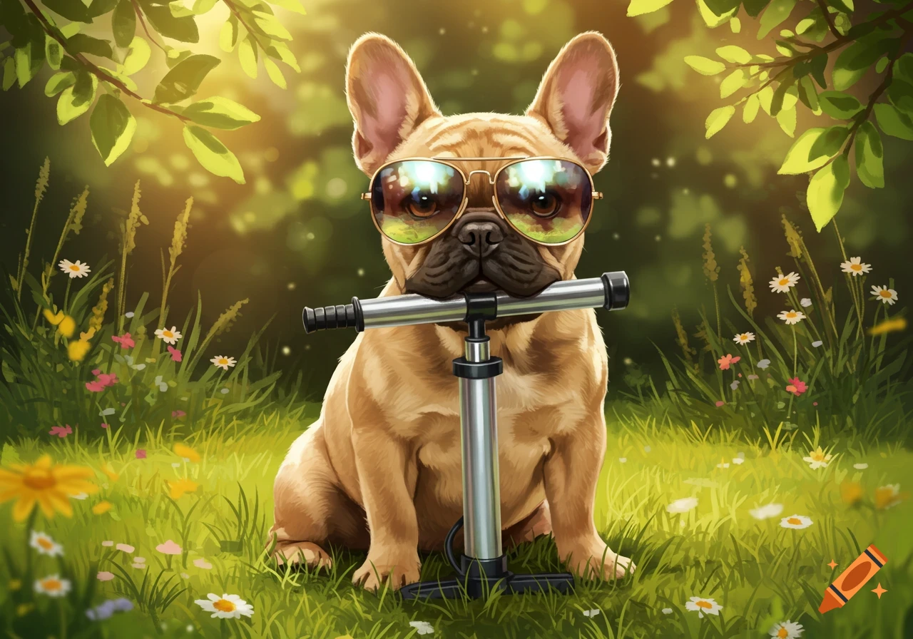 A fawn French bulldog wearing aviator sunglasses and holding a bicycle pump in its mouth, sitting in a sunny grassy field with wildflowers.