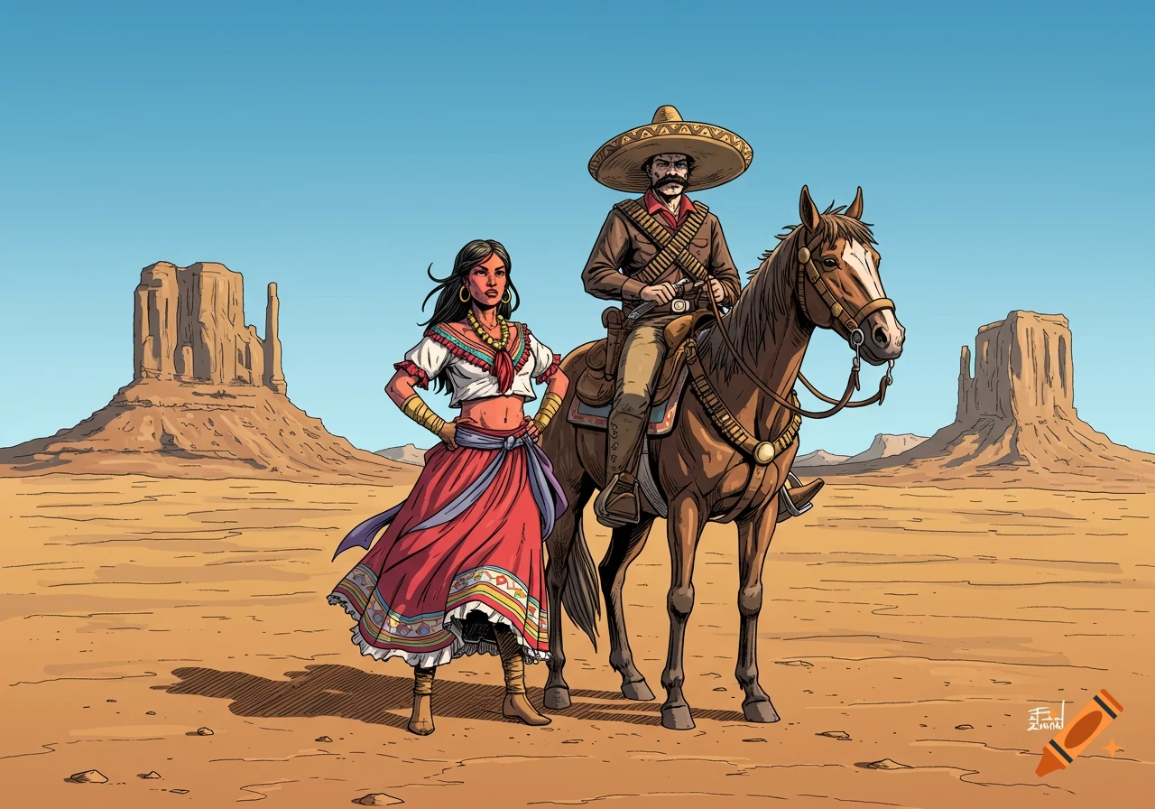 Comic art illustration of a man on horseback in a sombrero and a woman in a crop top and long skirt, standing in a desert with mesas.