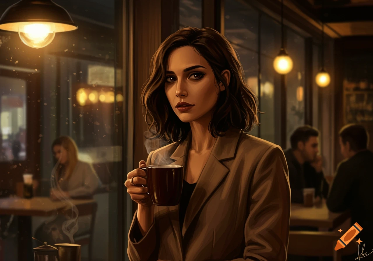 A woman with wavy brown hair in a beige blazer holds a steaming coffee cup, looking at the viewer in a warmly lit cafe. Digital art.