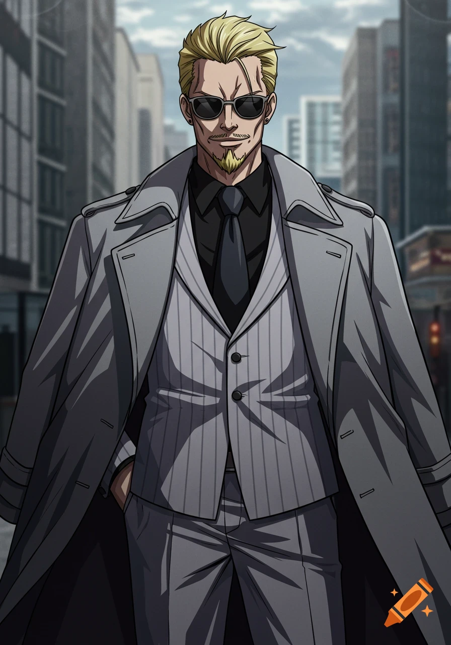 A stylish anime man with blonde hair, a goatee, and sunglasses wearing a grey pinstripe suit and trench coat, standing in a city.