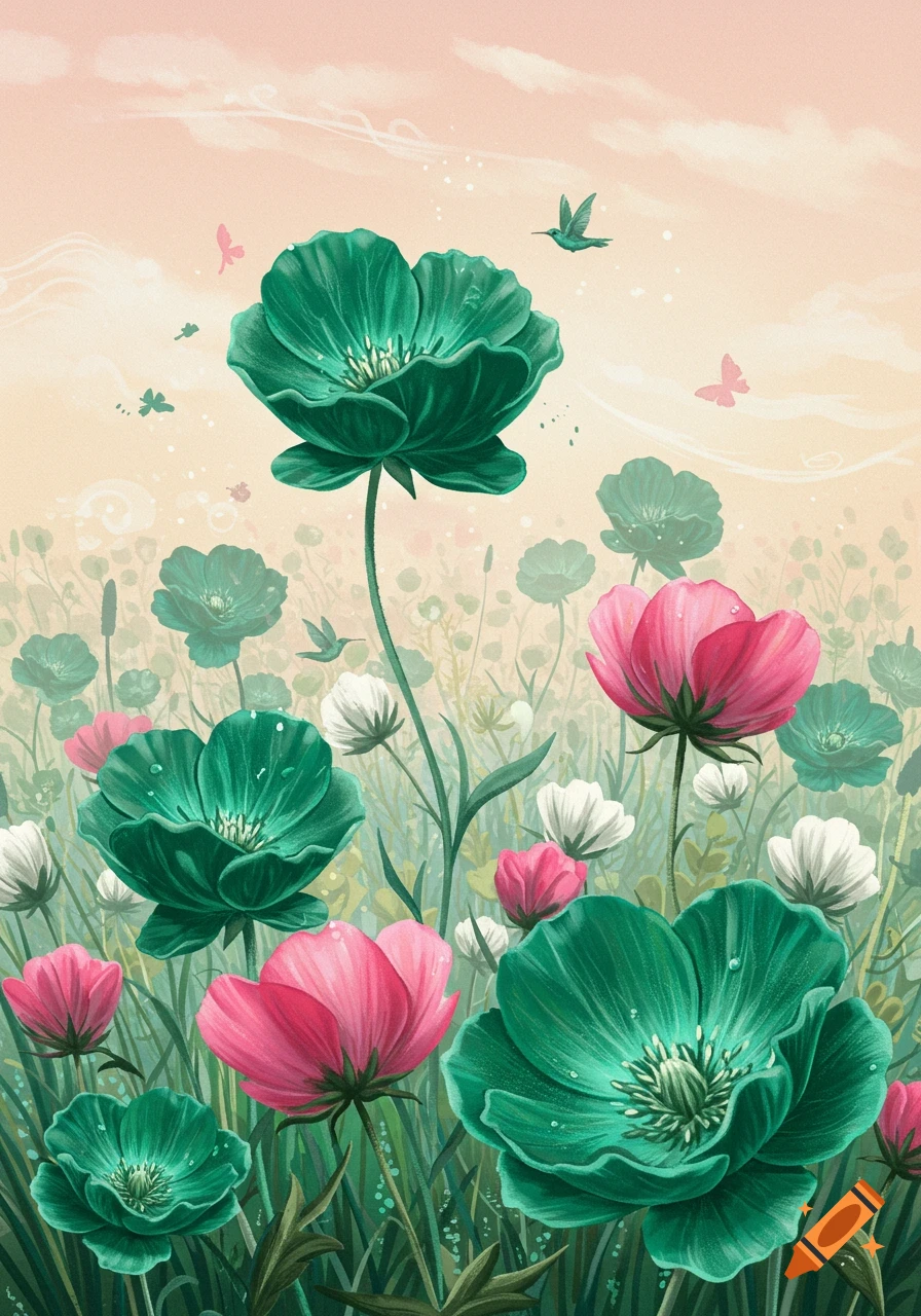 A vibrant illustration of a field of green, pink, and white flowers with subtle birds and butterflies under a light sky.